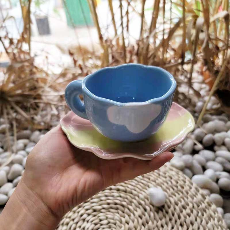 Hand Painted Blue Sky & Cloud Coffee Cup and Saucer - Porcelain Drinkware