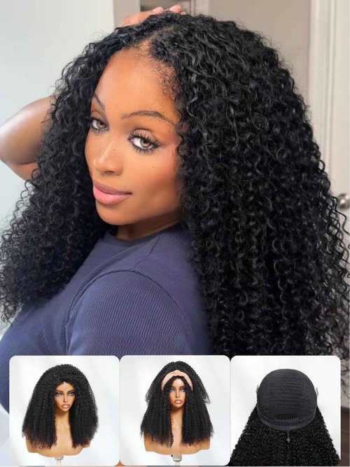 Nadula Afro Kinky Curly Half Wig Human Hair 16 Inch - Glueless Drawstring Wig with 4C Blend Edges, No Leave Out Wear and Go, Natural Look Flip Over Style, Beginner Friendly & Ready to Go Half Wig