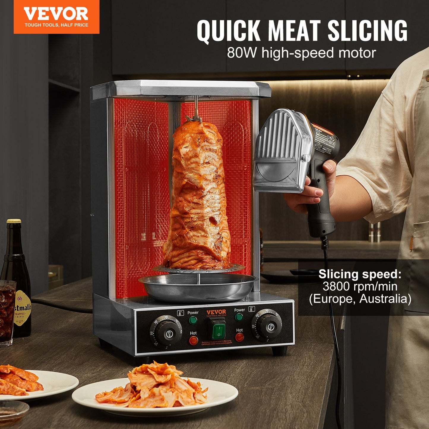 Electric Shawarma Knife 80W with 2 Blades Adjustable Thickness - Commercial Kebab Cutter