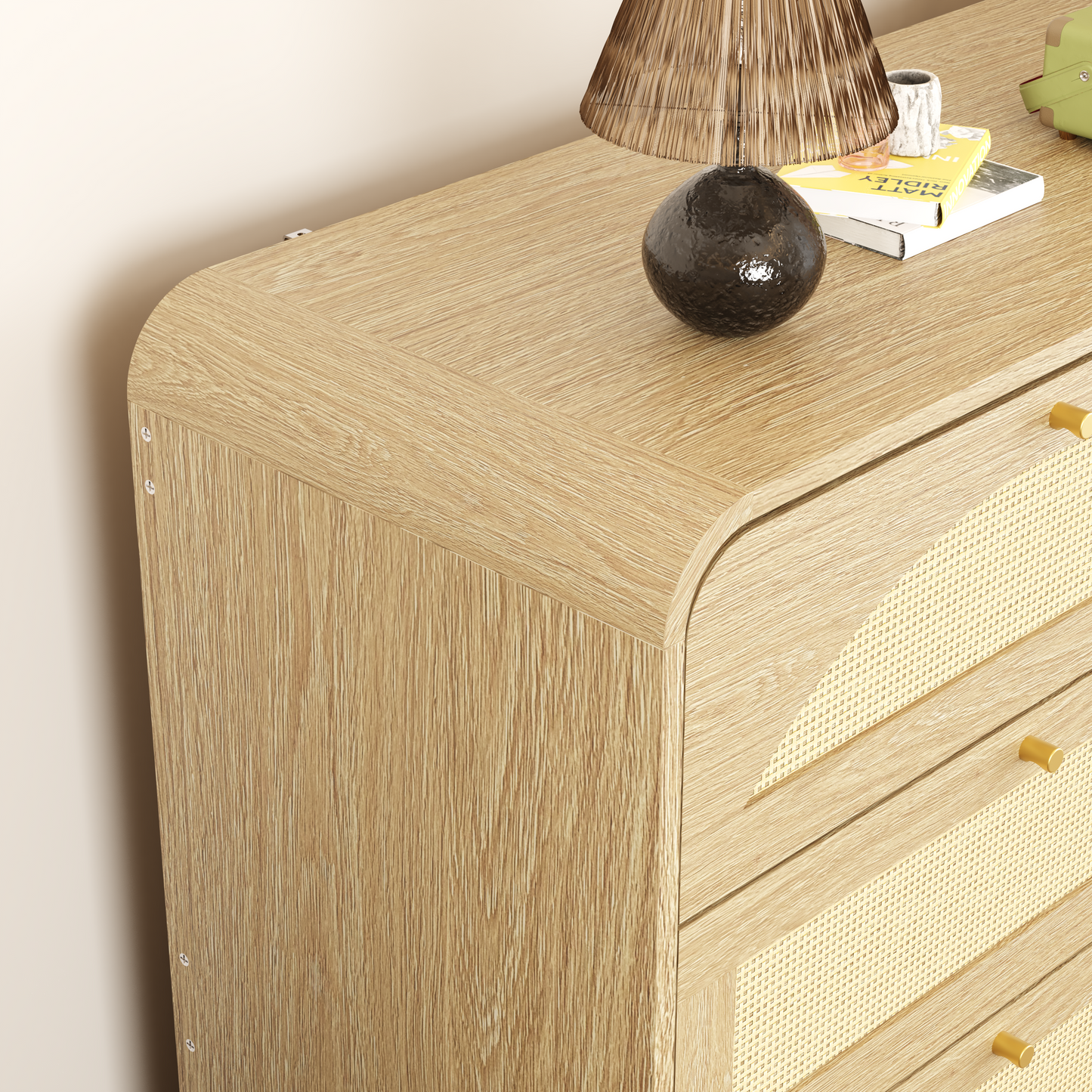 Natural 8-Drawer Dresser with Rattan Front - Wide Storage Cabinet