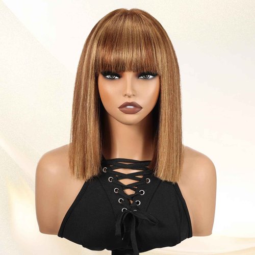 ELLORS 12 Inch Highlight Bob Wig Human Hair With Bangs Glueless 2x1 HD Lace Wigs, Short Wigs For Women Yaki Straight