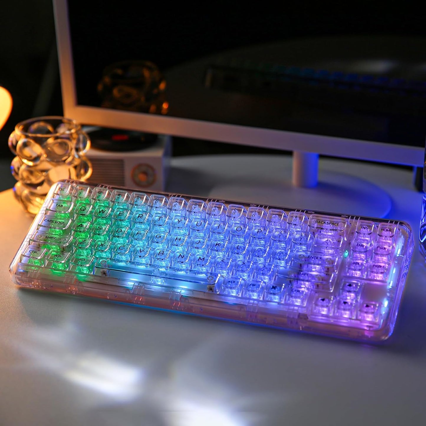 YUNZII X71 Wireless Hot Swappable Transparent Mechanical Keyboard with Clear Keycaps, 68% Layout, BT5.0/2.4G/USB-C Gasket Mount Wireless RGB Backlit for Windows/Mac(Crystal Ice Switch,White)