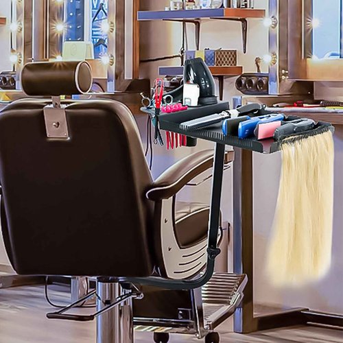 BFECGDXT Salon Tray Attached to Chair, 360° Swivel Adjustable Black Salon Chair Tray with Hair Separator, Metal Barber Chairs Tray for Tattoo Tools, Make-ups and Spa
