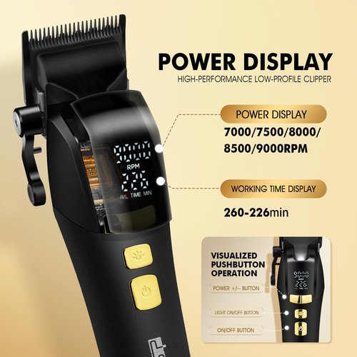 DSP Hair Clipper for Men Professional, Cordless DLC Coated Ceramic Blade, Five-Speed Adjustable 9000RPM, Hair Cutting Tool for Barbers, with Indicator Light Plug and Play, Black