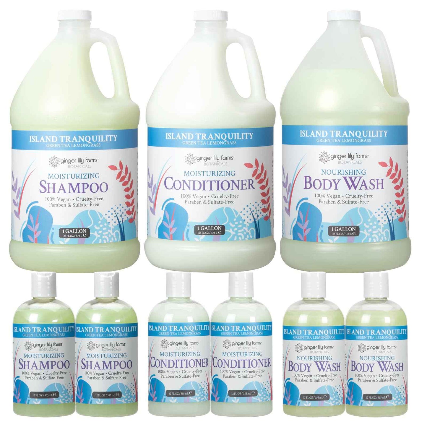 Ginger Lily Farms Botanicals Hospitality Kit, Island Tranquility, 9-Pc Set Includes Shampoo, Conditioner & Body Wash, 100% Vegan & Cruelty-Free, Green Tea Lemongrass Scent