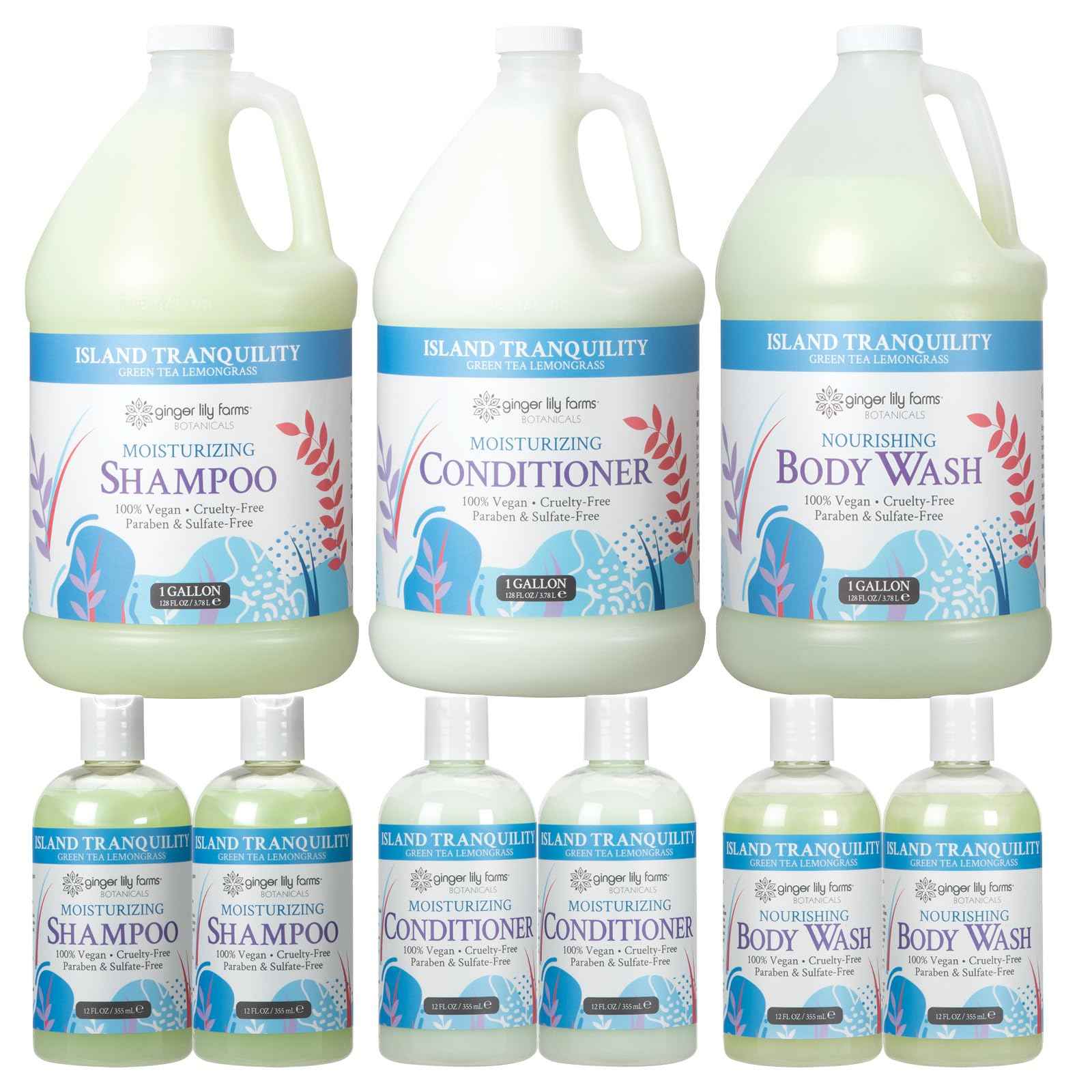 Ginger Lily Farms Botanicals Hospitality Kit, Island Tranquility, 9-Pc Set Includes Shampoo, Conditioner & Body Wash, 100% Vegan & Cruelty-Free, Green Tea Lemongrass Scent