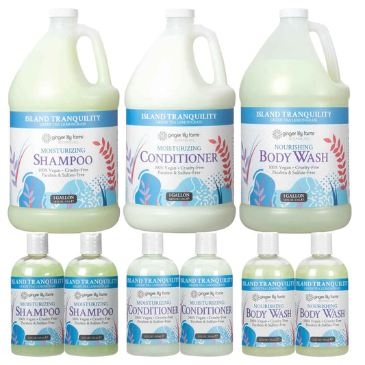 Ginger Lily Farms Botanicals Hospitality Kit, Island Tranquility, 9-Pc Set Includes Shampoo, Conditioner & Body Wash, 100% Vegan & Cruelty-Free, Green Tea Lemongrass Scent