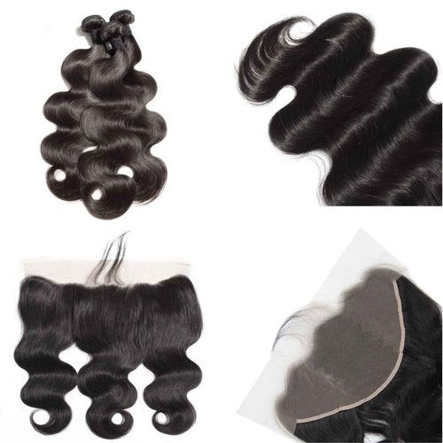 Body Wave Bundles with Frontal (16 18 20 +14 inch) Human Hair Bundles with Lace Frontal 13x4 Brazilian Virgin Hair 12A Grade Body Wave Human Hair 3 Bundles with Frontal 150% Density Natural Color