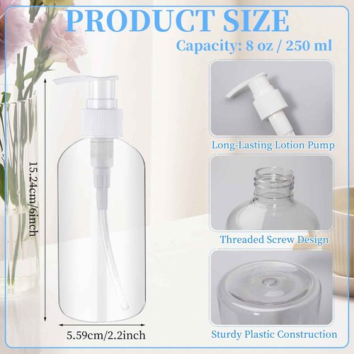 TANEMUDO 57 Pcs Pump Bottle Set 8 oz/250 ml Refillable Plastic Lotion Dispenser for Shampoo, Conditioner, Hand Soap, Body Wash, Clear Empty Bottles with Pumps, Bulk with 5 Funnels and 5 Labels