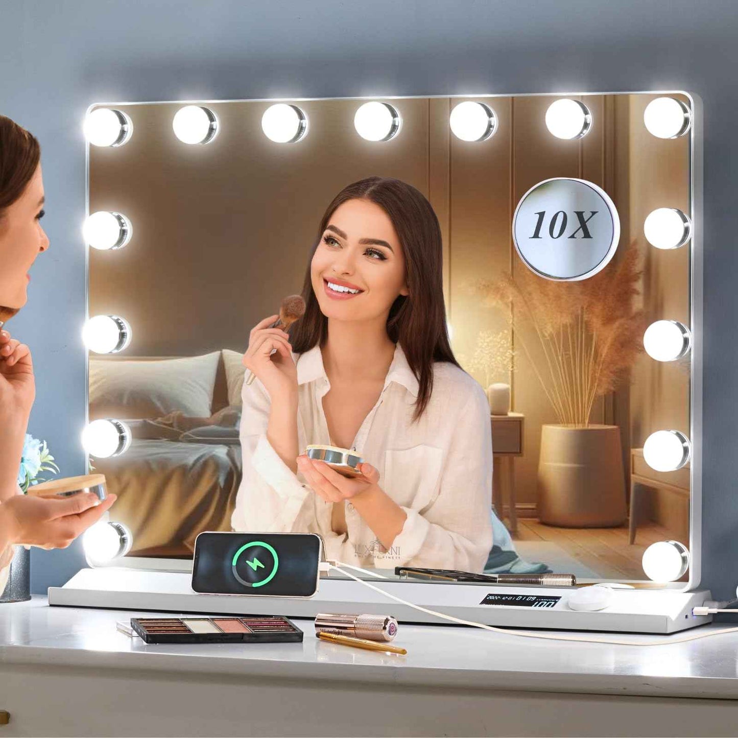 LUXFURNI Vanity Mirror with Lights, Makeup Mirrors Hollywood Mirror with 15 LED Bulbs, 3 Colors Modes & Adjustable Brightness, 10x Magnification, USB Charging