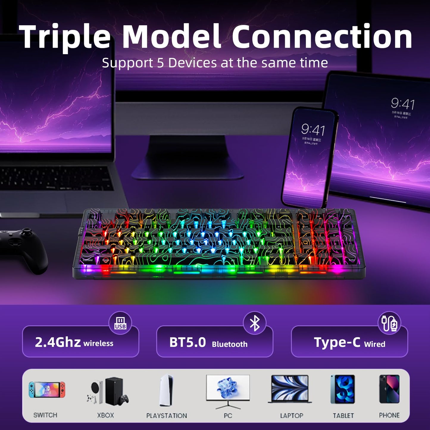ZORNHER ZH980 Wireless Mechanical Gaming Keyboard,95% Black Hot-Swappable Custom Creamy Keyboard with Number Pad,Shine Through IMD PC Keycaps,Pre-lubed Linear Switches,RGB Backlit,2.4GHz/USB-C/BT5.0