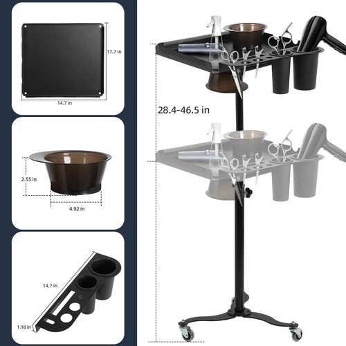 Salon Tray Cart with 2 Magnetic Bowls, Rolling Height Adjustable Salon Tray on Wheels, Hair Extension Tool Tray, Tattoo Tray with Stand and Hair Separator Holder for Hair Salon Tattoos