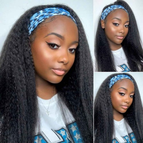 VIVIBABI Headband Wig Human Hair Kinky Straight 20 Inch Glueless None Lace Front Wigs for Black Women Headband Half Wigs 180% Density Natural Color
