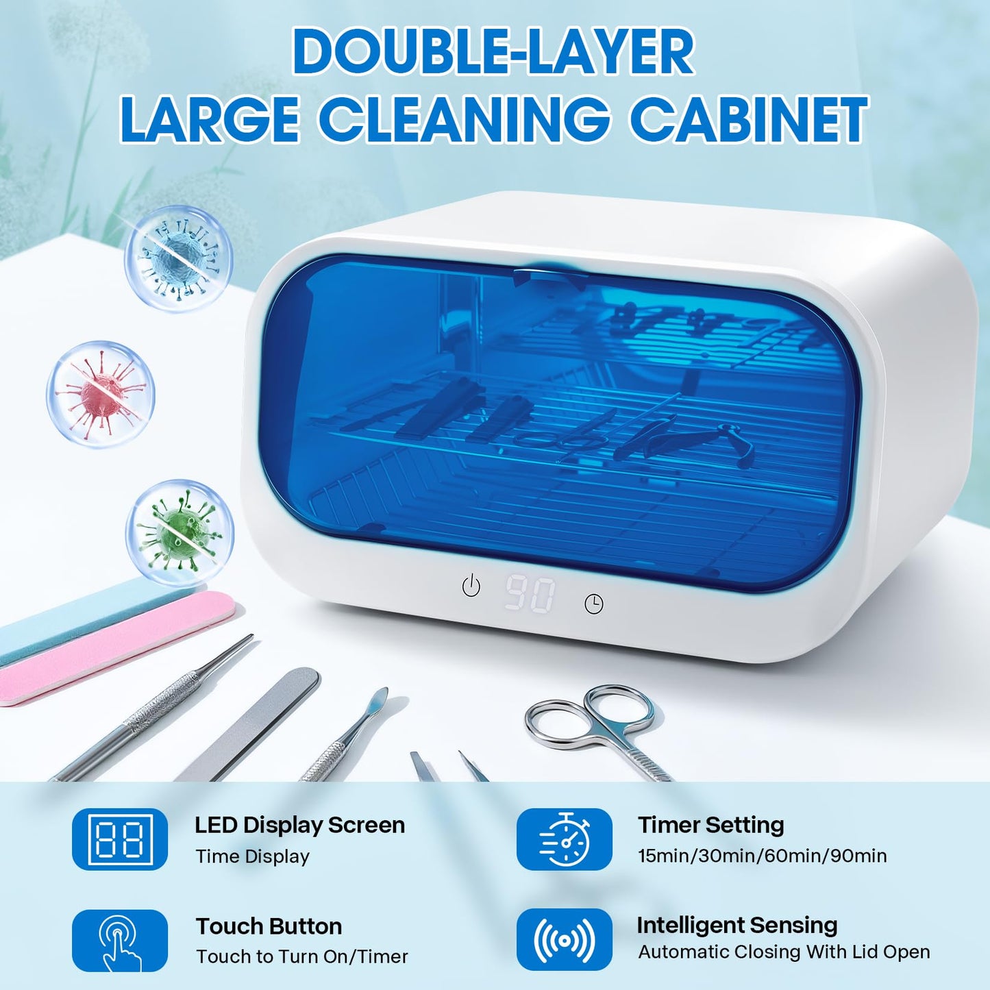 12L Autoclave Sterilizers for Esthetician, Double-layer High Temperature Nail Tool Sterilizer With Clamp, Cleaning Cabinet for Home Use, Beauty/Barber/Nail/Spa Salons Tools Use (White, 12L)