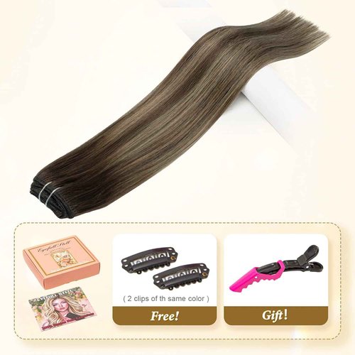 Clip in Hair Extensions Real Human Hair Balayage Chocolate Brown to Caramel Blonde Ombre Natural Clip on Remy Brazilian Hair Extensions Double Weft Straight Clip ins Hair for Women 18 Inch 60G 5 PCS