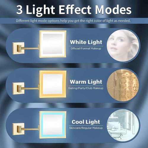 DOWRY Wall Mounted LED Lighted 5X Magnifying Square Makeup Mirror with Plug,8 Inch, Polished Gold Finished Dowry1802D-8x5