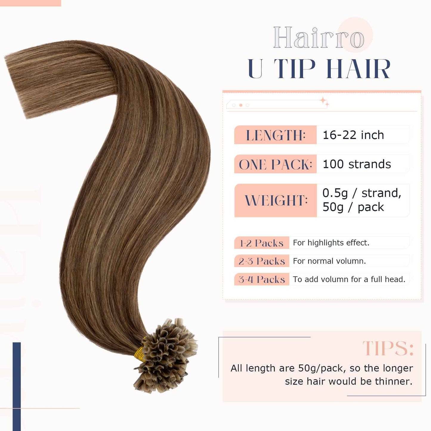 Hairro U Tip Human Hair Extension Pre Bonded Hot Fusion Hairpiece For Women Remy Nail Tipped Hair Pieces Silky Straight Keratin Utips Hair Extension 50g 22" #4P27 Medium Brown Mix Dark Blonde