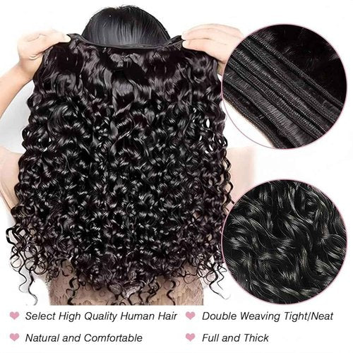 Quqzron Water Wave Human Hair Bundle with Closure(16 18 20 +14, Free Part) Wet and Wavy Bundles with 4x4 Lace Closure Hair Extensions Natural Color