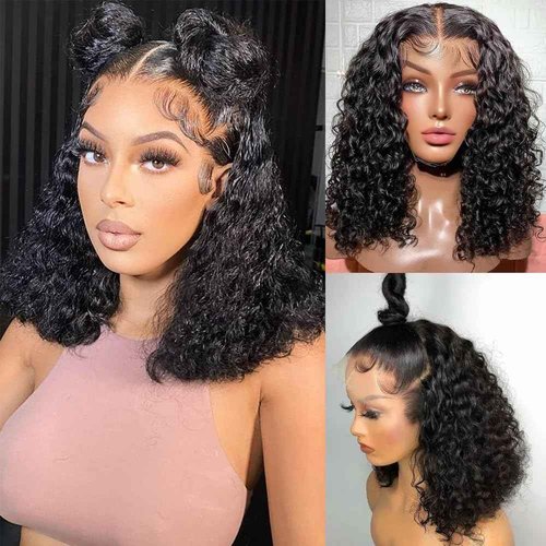 Caijuxing 13x6 Bob Wig Water Wave Bob Wigs Human Hair 13x6 Lace Frontal Wigs 200% Density Curly Bob Wig Human Hair Pre Plucked Deep Wave Wig for Black Women Natural Black (16 Inch)
