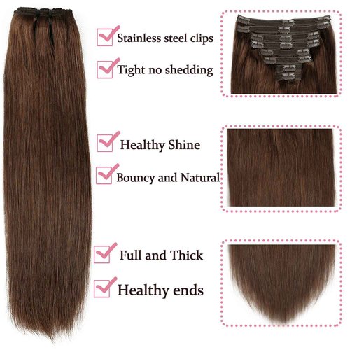 Hair Extensions Real Human Hair Chocolate Brown Remy Human Hair Extensions Clip in Natural Hair Extensions Straight Real Hair Extensions 120g 8pcs (18 inch, #4)