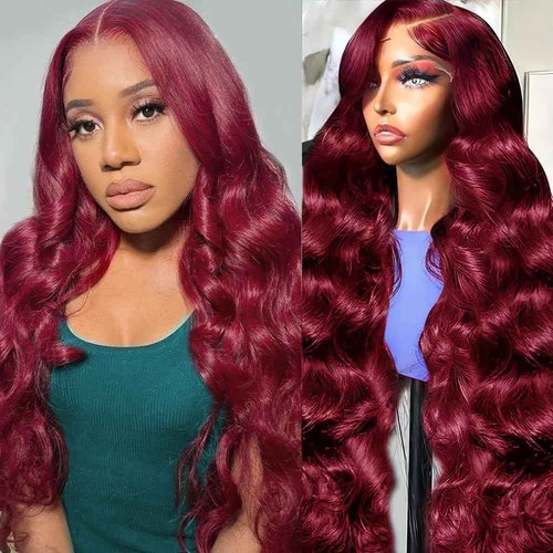AYMMOLI 24 Inch 99j Burgundy Lace Front Wigs Human Hair 13x4 HD Red Burgundy Body Wave Wig Human Hair 200 Density Body Wave Lace Front Wigs Pre Plucked Glueless Frontal Wigs for Women