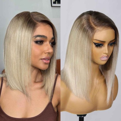 Orijodie 180% Density Ombre Ash Blonde Bob Wig Human Hair 13x4 HD Invisible Front Wigs for Women Grey Ash Blonde Glueless Straight Bob Wig with Dark Roots Bleached Knots 14 Inch