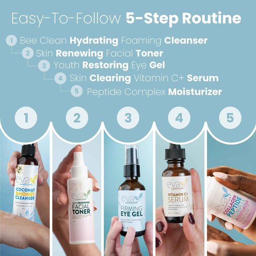 Eva Naturals Rejuvenating Skincare Set – 5-in-1 Routine with Cleanser, Toner, Vitamin C Plus Serum, Eye Gel and Collagen Peptide Moisturizer for Face, Anti-Wrinkle, Dark Spots, Acne and Skin Replenish
