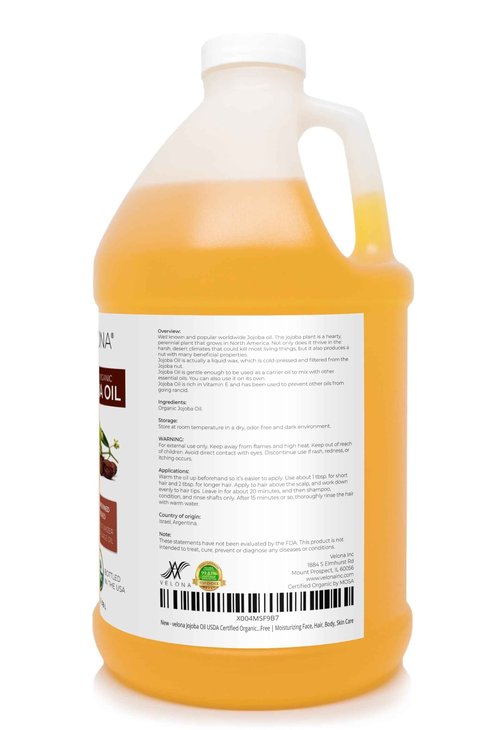 velona Jojoba Oil USDA Certified Organic - 1 Gallon / 128 Fl Oz | 100% Pure and Natural | Golden, Unrefined, Cold Pressed, Hexane Free | Moisturizing Face, Hair, Body, Skin Care