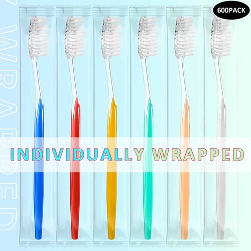 Honeydak 600 Pcs Individually Wrapped Toothbrush Set Medium Soft Bristle Toothbrushes Bulk Packed Disposable Tooth Brush Travel Manual Toothbrush for Hotels Travel Adults Guest, 6 Colors
