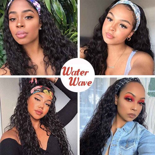 Claudianie Water Wave Headband Wig Human Hair for Black Women - 20 Inch Brazilian Virgin Hair Glueless None Lace Front Wig - Natural Black 150% Density