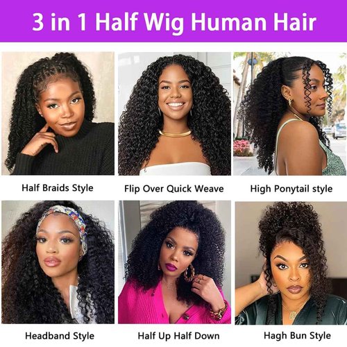 mmiQus Half Wig Human Hair Jerry Curly Half Wig Upgrade 3 In 1 Half Wig Human Hair With Drawstring Seamless Clip Ins Flip Over 200 Density Gluless Wigs For Black Women 18 Inch
