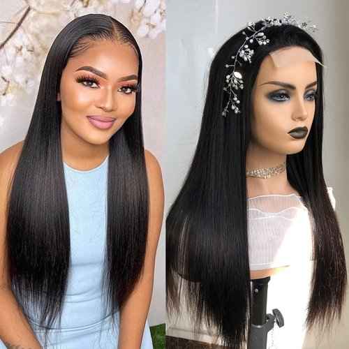 Ainimiu Straight Lace Front Wigs Human Hair Pre Plucked 180% Density Glueless 12A Brazilian Virgin Hair 4x4 Lace Closure Wig For Black Women Natural Black With Baby Hair 16inch