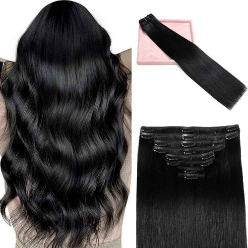 POGINJA Clip in Hair Extensions Real Human Hair, Remy Human Hair Extensions Clip ins for Women, 100% Natural Human Hair, Double Weftm, 24inch 120g 8Pcs, #1 Jet Black