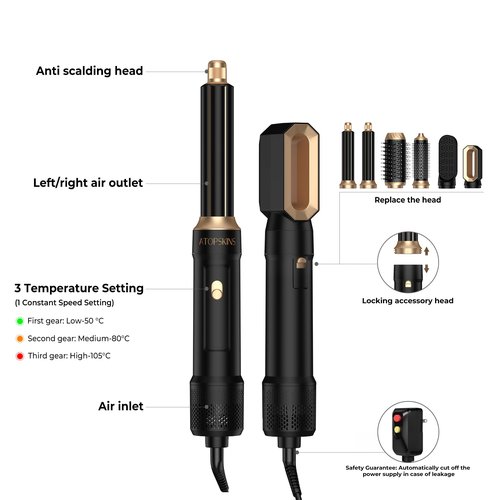 Atopskins 6 in 1 Blow Dryer Brush & Hot Air Brush, Negative Ion Hair Styler Set, 1000W Hot Air Styler for Auto Curling, Fast Drying, Straightening, Volumizing, Hair Styling Tools Gift for Women