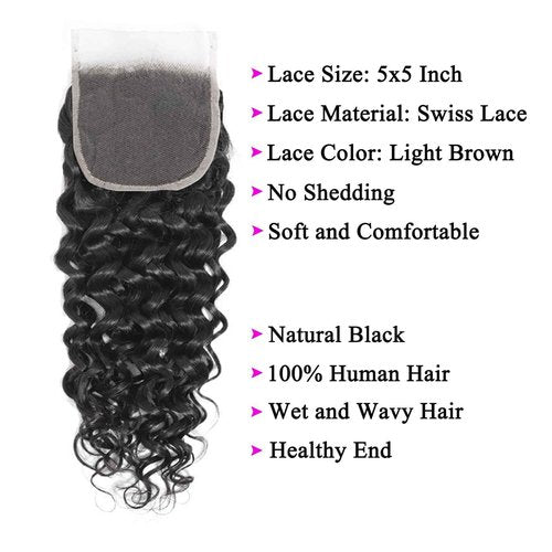 Water Wave Human Hair Bundles with Closure (20 22 24+18) Wet and Wavy 100% Unprocessed Brazilian Virgin human hair 3 Bundles with 5x5 Lace Closure Free Part Curly Wave Hair Extensions