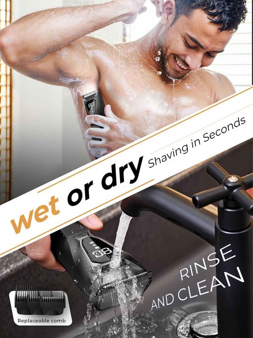 Lijecozy Men's Body Trimmer with Wireless Charging & LED Display, Ceramic Blade Electric Shaver for Pubic Hair, Waterproof with 3 Combs