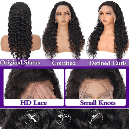Water Wave Lace Front Wigs Human Hair 13x6 Full Frontal HD Transparent Human Hair Lace Front Wigs for Women 180% Density Deep Curly Human Hair Wigs Wet And Wavy Pre Plucked with Baby Hair 18Inch