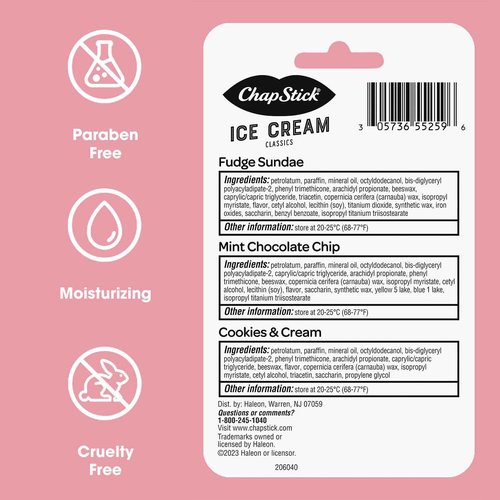 ChapStick Lip Moisturizer, Ice Cream 3-Packs (12 Sets/36 Tubes) – Bulk Lip Balm, Irresistible & Sweet, 0.15 Oz Ea