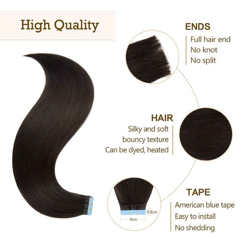 AGMITY Tape in Hair Extensions Real Human Hair Natural Black 22 inches 20pcs 50g/pack Invisible Straight Seamless Skin Weft Hair Extensions Tape in Remy(22 inches #1B Off Black)