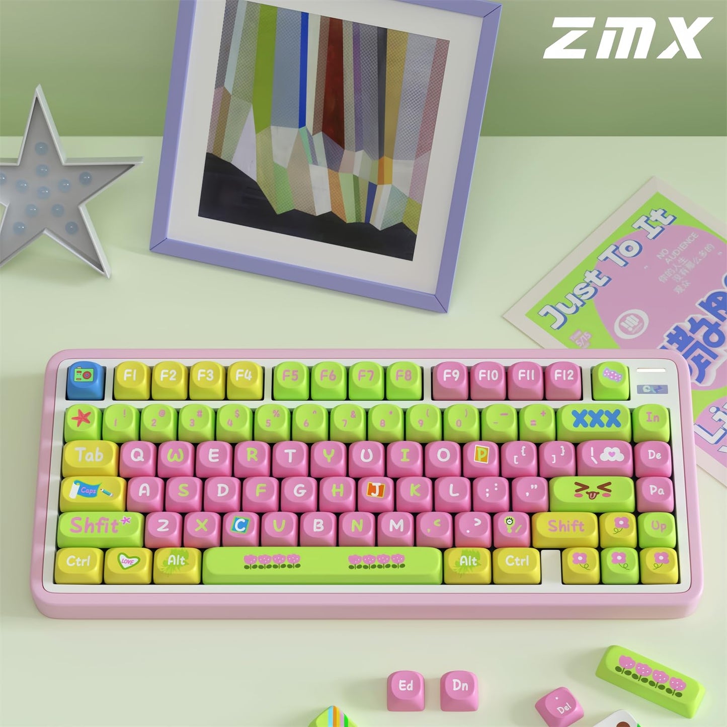 ZMX Cute PBT Keycaps,Kawaii Dye-Sub Custom Keycaps SOA Profile 136 Keys Full Size Keycap Set for 60% 65% TKL Full Size Cherry MX Switch ANSI Layout Mechanical Gaming Keyboard Creamy Keycaps (01)