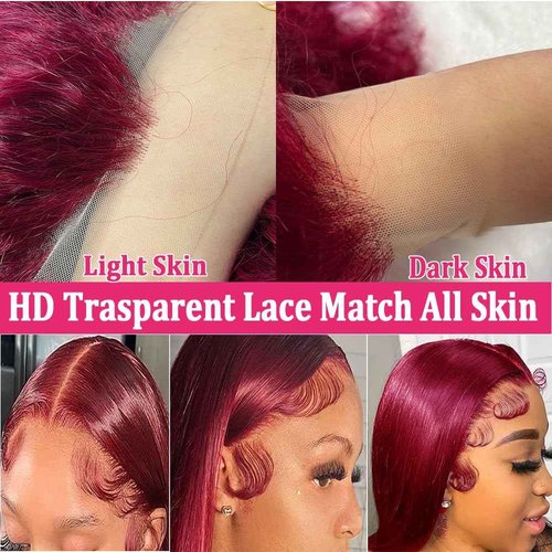 99J Burgundy Lace Front Wigs Human Hair 13X4 HD Lace Human Hair Wigs 180% Density Red Body Wave Human Hair Wigs Pre Plucked Bleached Knots Lace Front Wig With Baby Hair (22inch, 13x4 Burgundy)