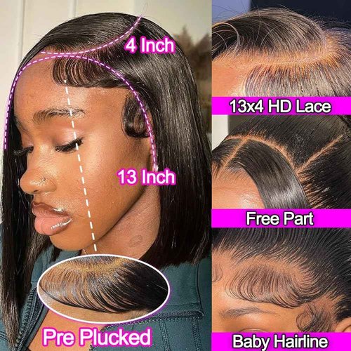 DYTJHMGL Short Bob Human Hair Wig - 250% Density Pre-Plucked Bone Straight HD Lace Front with Bleached Knots, 12 Inch