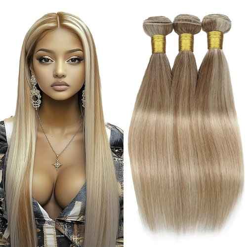 Dokksiiia Ombre Human Hair Bundles P27613 Highlight Honey Blonde and Blonde Mix Straight Weave Bundles Double Weft Brazilian Human Hair Sew-In Extensions Soft & Thick for Women 22 24 26 Inch