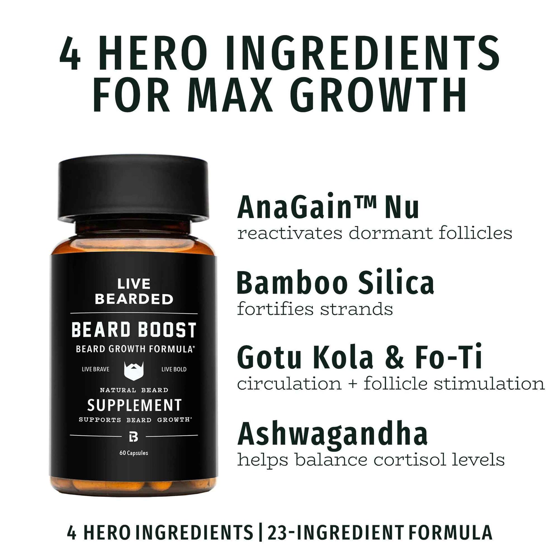 Live Bearded Beard Boost - Beard Growth Vitamins for Men with Biotin, Collagen, Silica, Fo-Ti Root - Facial Hair Growth for Men, Made in The USA | 90-Day Supply