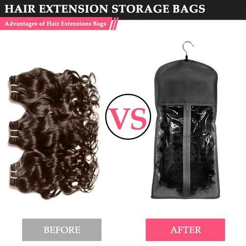 20pcs Hair Extensions Hanger Bags with Wooden Hanger Dust proof Wig Storage Bag Portable Hair Extension Storage Bag Strong Holder Wigs Carrier Bags With Zipper (Black+Pink)