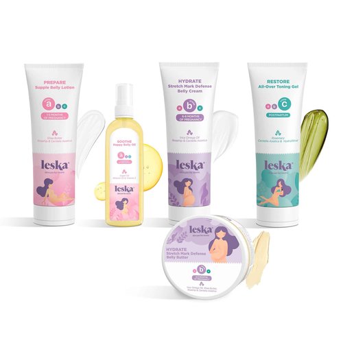 Leska Maternity Set | Belly Lotion, Belly Oil, Stretch Mark Defense Cream & Butter, Toning Gel | Maternity Stages Skincare for Pregnancy & Postpartum |New Mom Gifts (Set of 5, 4-4.93oz each)