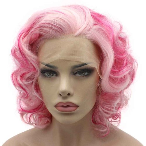 Lushy Short Two Tone Pink blonde Mix Wig Heat Friendly Heavy Density Synthetic Lace Front Wig