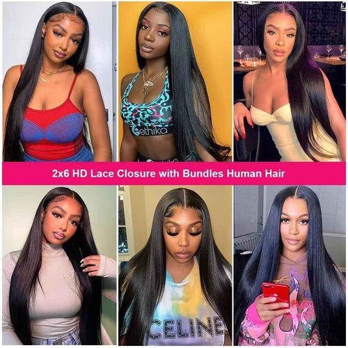 QIYING 2x6 HD Lace Closure with Bundles 18 20 22+16 Inch Straight Human Hair 100% Unprocessed Brazilian Virgin Weave Human Hair 3 Bundles Deals with Closure