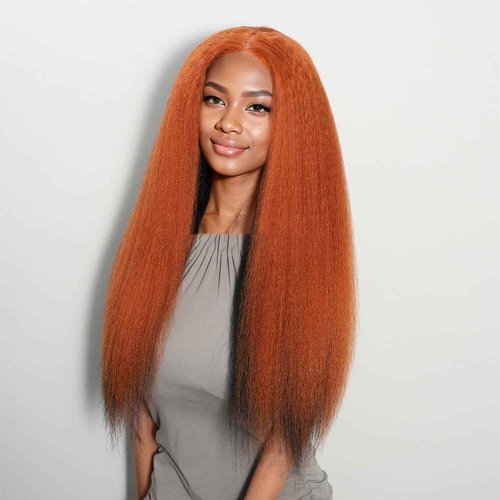 Sogram Wear and Go Glueless Yaki Straight Human Hair Wig Double Wear Wig No Glue Transparent HD Lace Wig 4x4 Kinky Straight Lace Closure Wigs Human Hair 180% Density 22 Inch (Orange and Black)