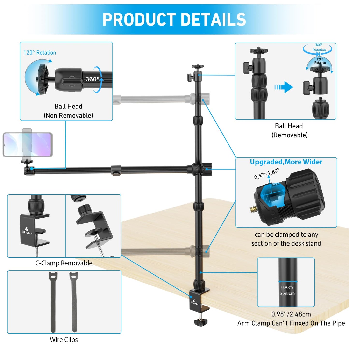 Ailight Camera Desk Mount Stand Overhead, Adjustable Microphone Boom Arm Mic Stand with Phone Holder, Camera Arm Clamp 5/8'' 3/8'' 1/4'' Screws for Shure, Blue Yeti, Rode, Elgato, Fifine, HyperX